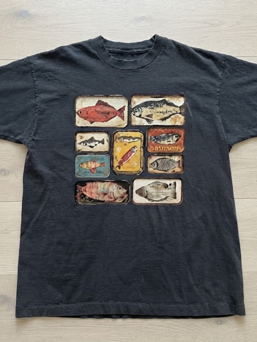 Canned Sardines Fish Tins Seafood Artwork Vintage Black T-Shirt
